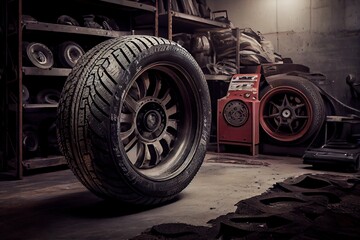 A tyre at the repair shop, service garage background, car fixing - generative ai