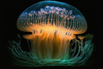 Jellyfish mushroom glowing in the sea, concept of Marine Bioluminescence and Underwater Illumination, created with Generative AI technology