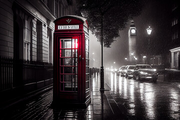 Obraz premium Retro Bild mit Colorkey-Effekt: Rote Londoner- Telefonzelle in einer schwarz weiß Stadt - Generative Ai