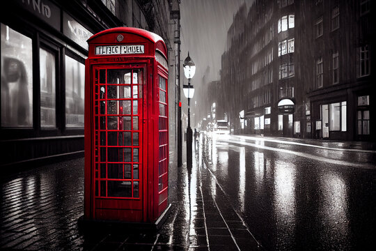 Retro Bild mit Colorkey-Effekt: Rote Londoner- Telefonzelle in einer schwarz wei&szlig; Stadt - Generative Ai