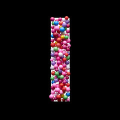 Capital letter I made of multi-colored balls, isolated on a black background.