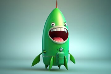 Cute 3D cartoon of green rocket character. Generative AI