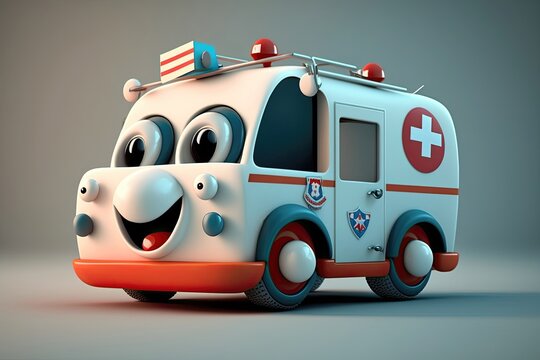 Cute 3D cartoon of ambulance character. Generative AI