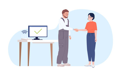 Troubleshooting internet connection at home 2D vector isolated illustration. Technician and happy client flat characters on cartoon background. Color editable scene for mobile, website, explainer