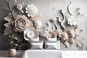 3d mural wallpaper with simple floral painting light gray background