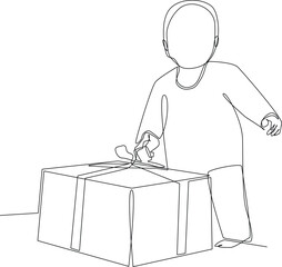 A child comes to their grandmother’s home, to give a Ramadhan gift drawing by a simple continuous line, simple line, Ramadhan gifts, family, vector illustration.