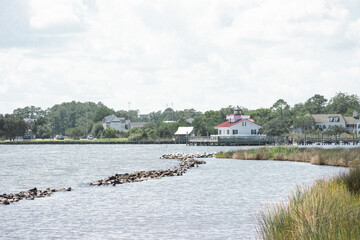 outer banks sound in Manteo, North Carolina, horizon view - Roanoke Marshes Lighthouse