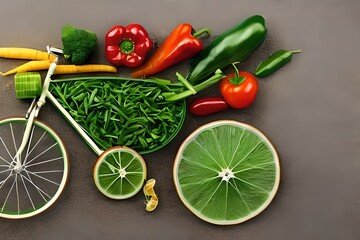 Fototapeta na wymiar Bicycle with vegetables. Concept eat healthy and exercise to be healthy. Generative Ai.