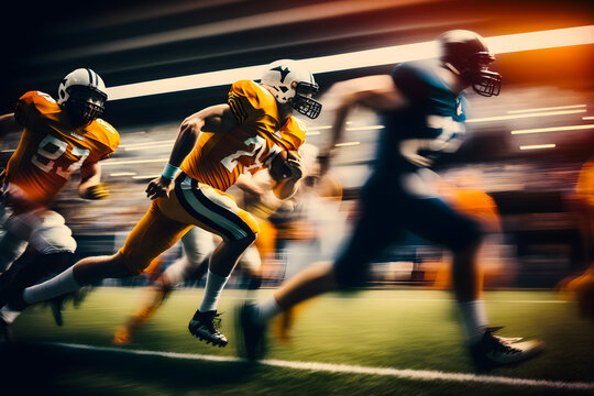 Fierce american football match, fierce ball game of football players run on the field. Generative AI