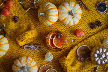 Autumn still life. A cup of tea with orange, pumpkin and spices on the background of an orange sweater.