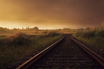 Fototapeta na wymiar Close perspective view of the railroad in countryside. Generative AI