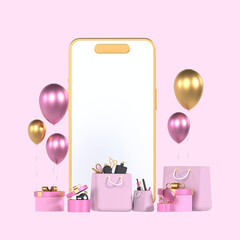3D illustration of a smartphone, a bag with cosmetics, gifts on a pink background