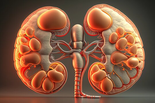 Medizinsche, anatomische und menschliche Niere aus einer 3D Render Ansicht, CGI, Generative AI