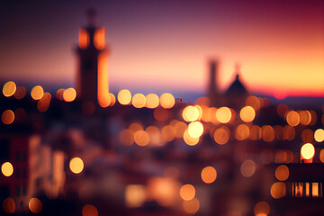 Defocused european city illustration. Modern city cityscape. Empty road with lights and buildings. Blurred background