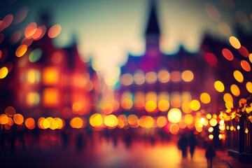 Defocused european city illustration. Modern city cityscape. Empty road with lights and buildings. Blurred background