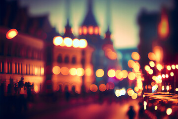 Defocused european city illustration. Modern city cityscape. Empty road with lights and buildings. Blurred background