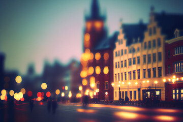 Defocused european city illustration. Modern city cityscape. Empty road with lights and buildings. Blurred background