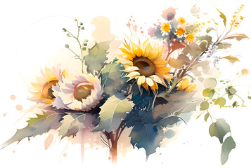 Generative AI, yellow sunflowers painted in a watercolor style on a light background