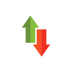 Up and down green and red arrows that showing rising and falling trends of the market. Vector illustration.