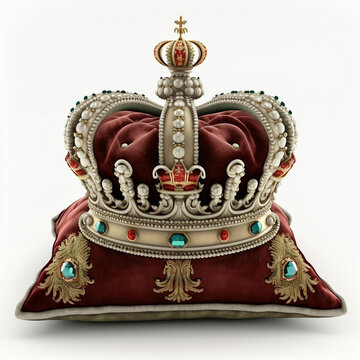 Vintage king crown adorned with pearls and gems on red velvet cushion isolated on white close-up