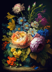 Blooming Flowers Painting The painting depicts bright, colorful and exuberant flowers of various plants and a floral arrangement, art illustration 