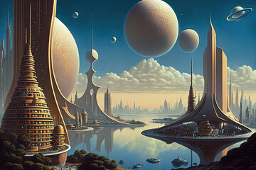 city of the future, consisting of skyscrapers and other interesting architectural forms, sci-fi landscape, ai art illustration 