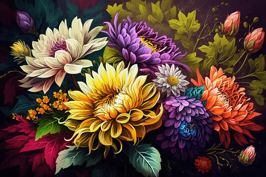 Blooming Flowers Painting The painting depicts bright, colorful and exuberant flowers of various plants and a floral arrangement, art illustration 