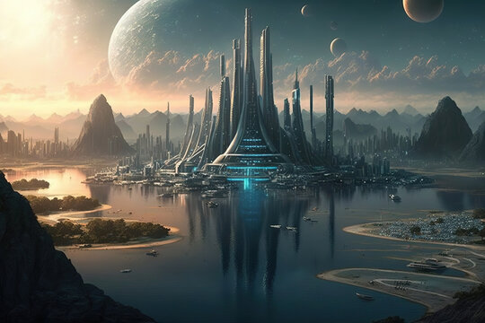 city of the future, consisting of skyscrapers and other interesting architectural forms, sci-fi landscape, ai art illustration 