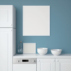 Obraz na płótnie Canvas Frame poster mockup in home interior, white cabinets and blue plates AI Generaion.