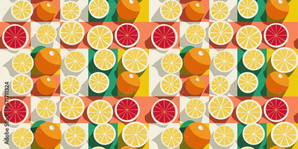 Poster Lemon and grapefruit slices, including oranges. Tiles in the background. Volumetric image with slices, bright pattern. Print for pillows, notebooks, fabrics, wallpaper, interior.