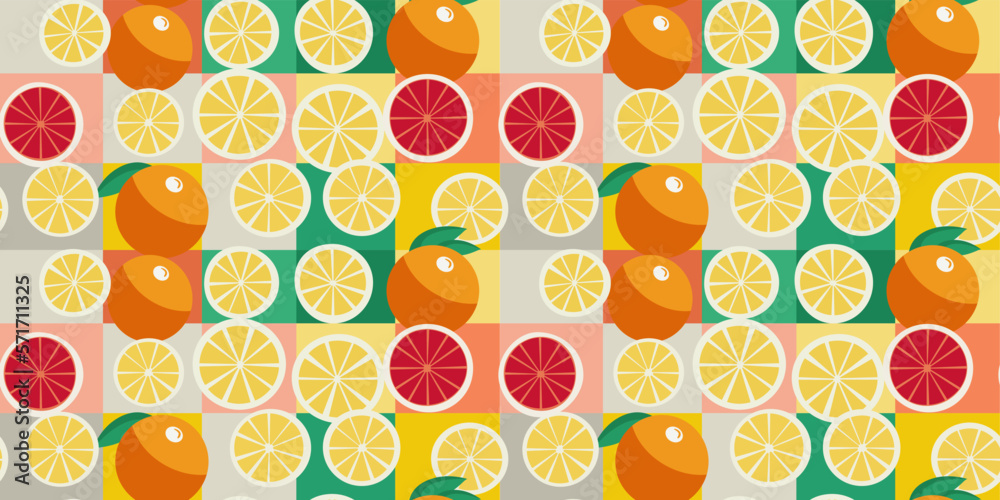 Poster Lemon and grapefruit slices, including oranges. Tiles in the background. Print for pillows, notebooks, fabrics, wallpaper, interior.