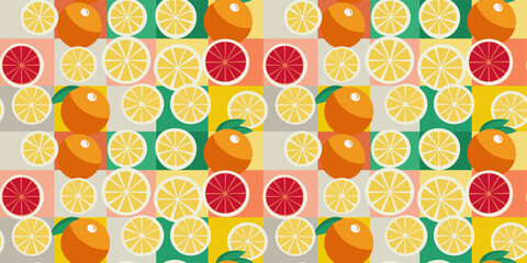 Lemon and grapefruit slices, including oranges. Tiles in the background. Print for pillows, notebooks, fabrics, wallpaper, interior.