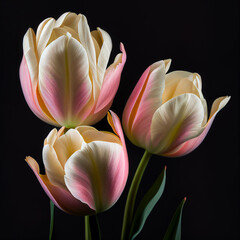 Lovely pale pink powdery tulips isolated on black. Beautiful floral spring background, wallpaper with gorgeous flowers