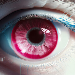 Red eye with white eyelashes of an albino human close-up macro, unusual eye - obrazy, fototapety, plakaty