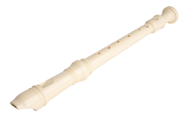 Recorder instrument. Soprano recorder, German fingering. Flute pipe. Classical music instrument for school student education. Learn melody. Flutist concert. High resolution. White Isolated background.