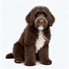 Cute nice dog breed spanish water dog isolated on white close-up, beautiful pet, fluffy curly dog	