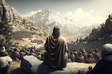 Jesus Teaching on top of the rock in the mountains, Sermon of the Mountain, Christ Teaching. 	
