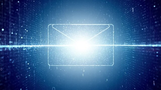 Digital email icon with binary numbers data animation. Seamless looping background. Concept business network technology communication background.  