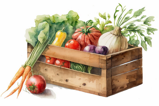 Watercolor painting of wooden box with colorful vegetables on white background. Generative AI.