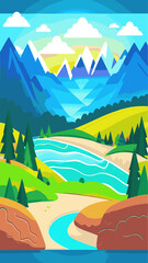 Mountain valley with lake, forest, coniferous trees, and sun in sky. Vector cartoon illustration of summer landscape with tropical trees