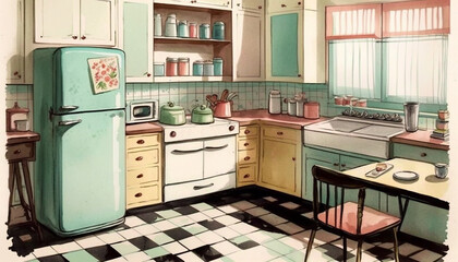 Custom vertical slats for kitchen with your photo Charming watercolor painting of a typical American vintage style kitchen of the 1950s. Made with generative AI.