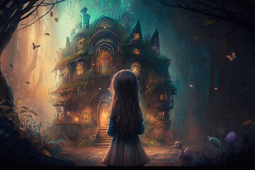 Fantastic house in the forest and a little girl looking at it
