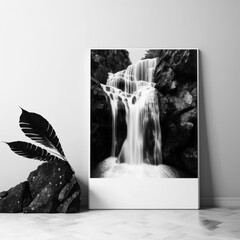 Mockup photo frame, majestic waterfall cascading down a rocky cliff AI Generaion