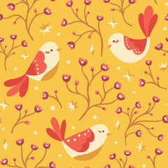 Cute seamless pattern with birds and floral elements. Vector illustration with cartoon drawings for print, fabric, textile.