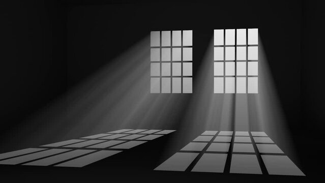 Empty dark room with lights coming through windows, 3d animation