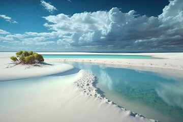 Idyllic tropical beach of white sand and turquoise waters. Generative AI - obrazy, fototapety, plakaty