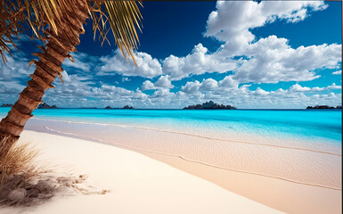 Fototapeta na wymiar Paradise beach of white sand, turquoise waters and palm trees. Generative AI