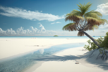 Paradise beach of white sand, turquoise waters and palm trees. Generative AI