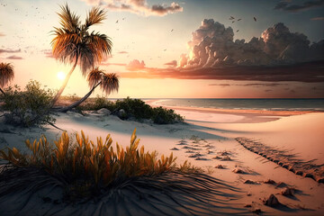 Obraz na płótnie Canvas Paradise beach with palm trees at sunset. Generative AI