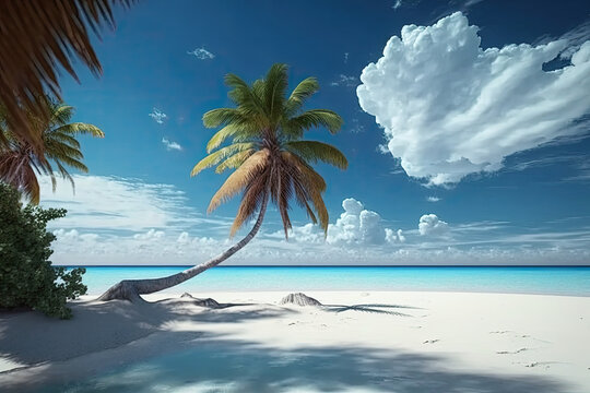 Paradise beach of white sand, turquoise waters and palm trees. Generative AI